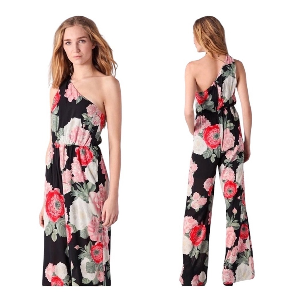 Alice + Olivia Beverly Jumpsuit 0 Black Floral One Shoulder Silk Blend Wide Leg